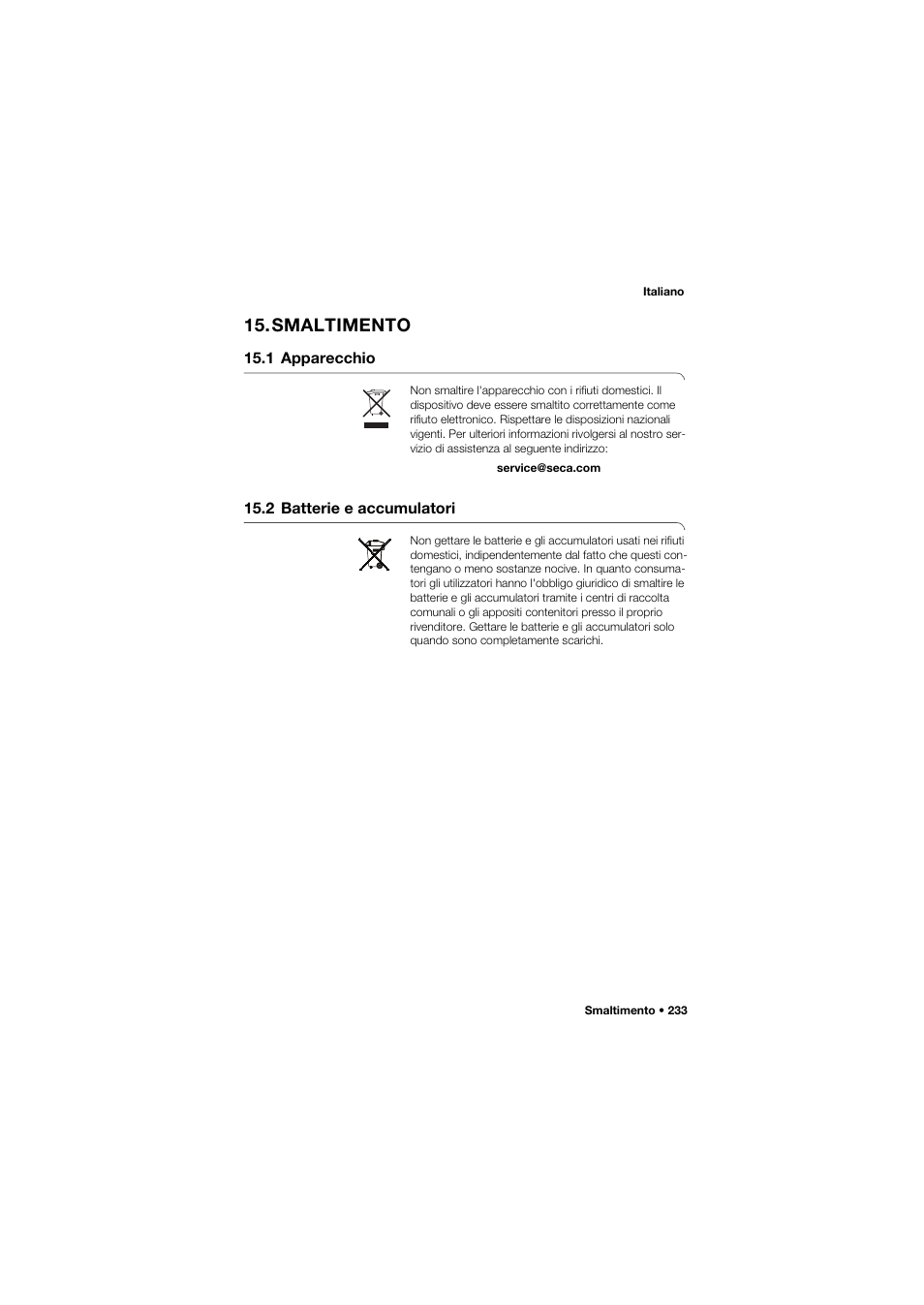 Smaltimento, 1 apparecchio, 2 batterie e accumulatori | Seca 645 band_1 User Manual | Page 233 / 417