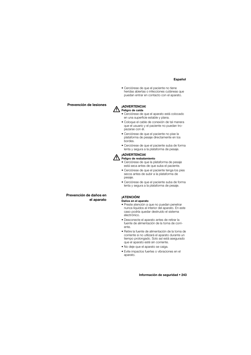 Prevención de lesiones, Prevención de daños en el aparato | Seca 645 band_1 User Manual | Page 243 / 417