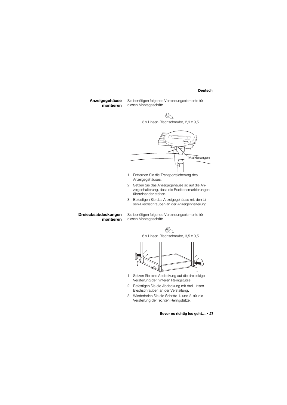 Anzeigegehäuse montieren, Dreiecksabdeckungen montieren | Seca 645 band_1 User Manual | Page 27 / 417