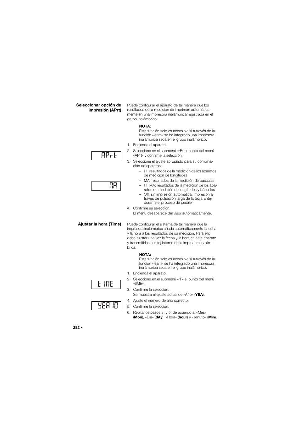 Seleccionar opción de impresión (aprt), Ajustar la hora (time) | Seca 645 band_1 User Manual | Page 282 / 417