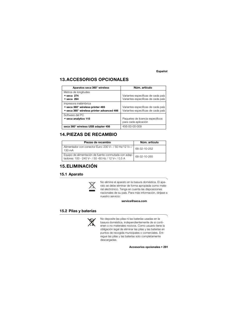 Accesorios opcionales, Piezas de recambio, Eliminación | 1 aparato, 2 pilas y baterías | Seca 645 band_1 User Manual | Page 291 / 417