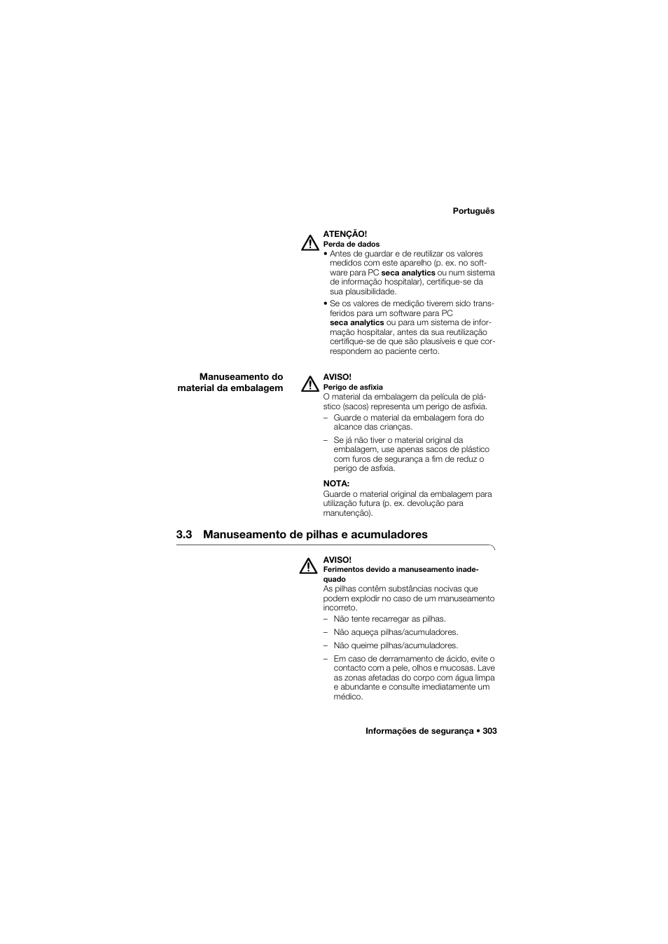 Manuseamento do material da embalagem, 3 manuseamento de pilhas e acumuladores | Seca 645 band_1 User Manual | Page 303 / 417