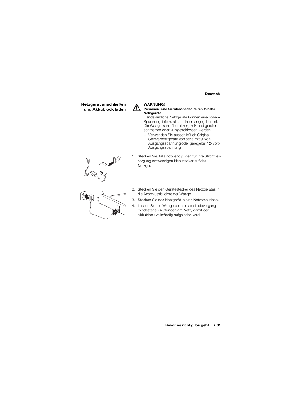 Netzgerät anschließen und akkublock laden | Seca 645 band_1 User Manual | Page 31 / 417