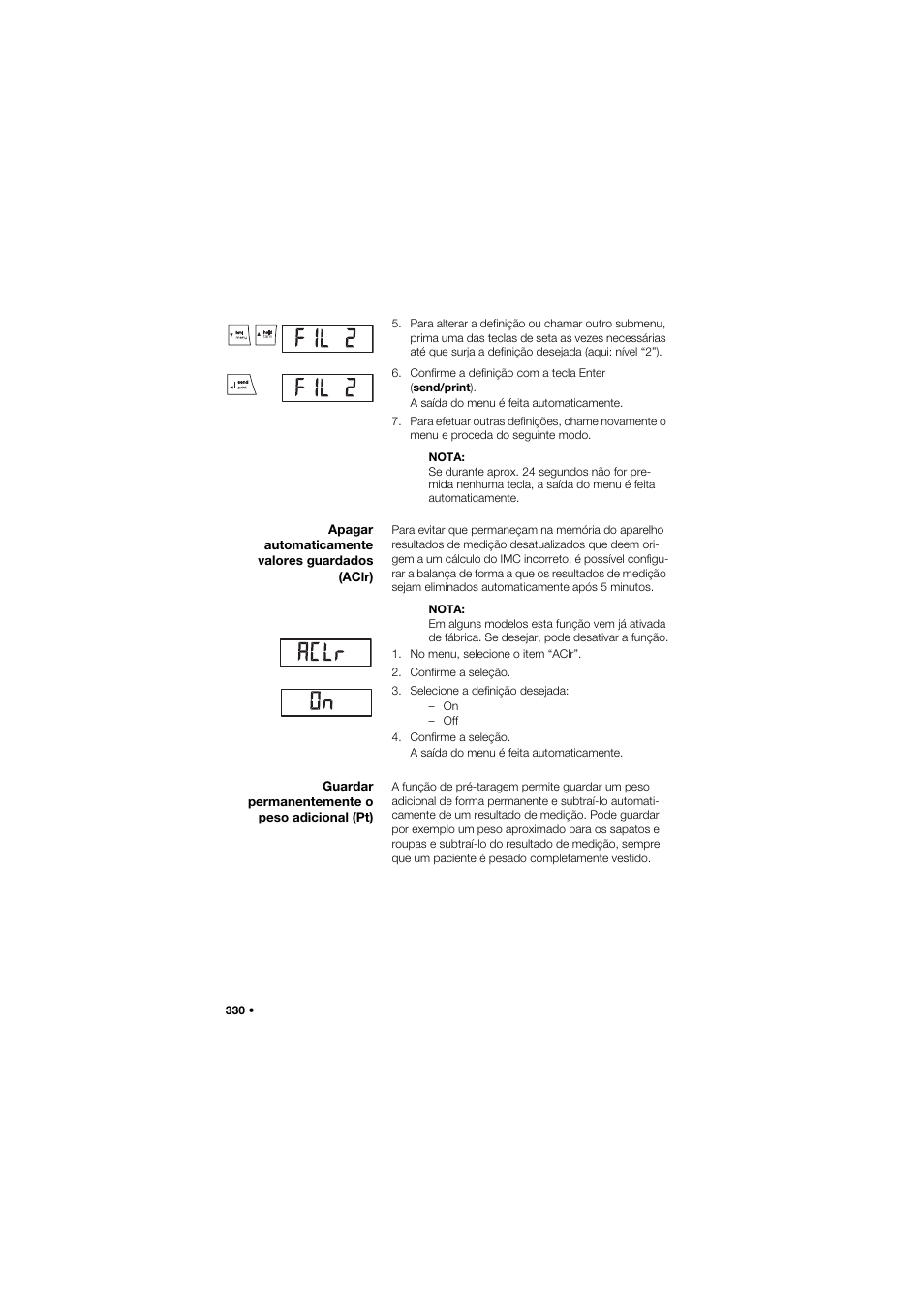 Apagar automaticamente valores guardados (aclr), Guardar permanentemente o peso adicional (pt) | Seca 645 band_1 User Manual | Page 330 / 417