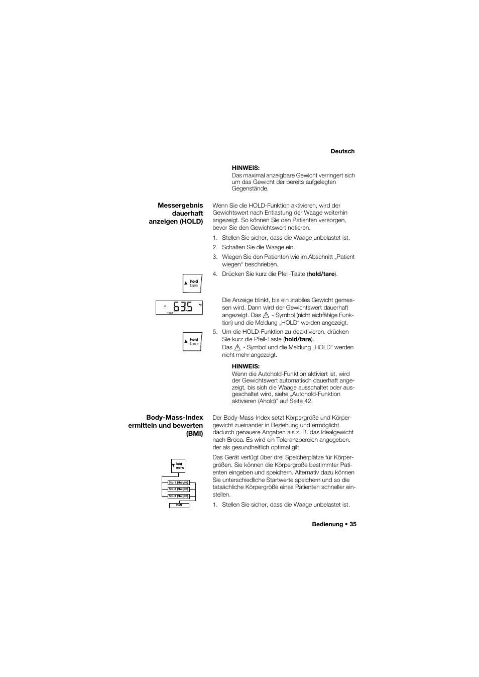 Messergebnis dauerhaft anzeigen (hold), Body-mass-index ermitteln und bewerten (bmi) | Seca 645 band_1 User Manual | Page 35 / 417