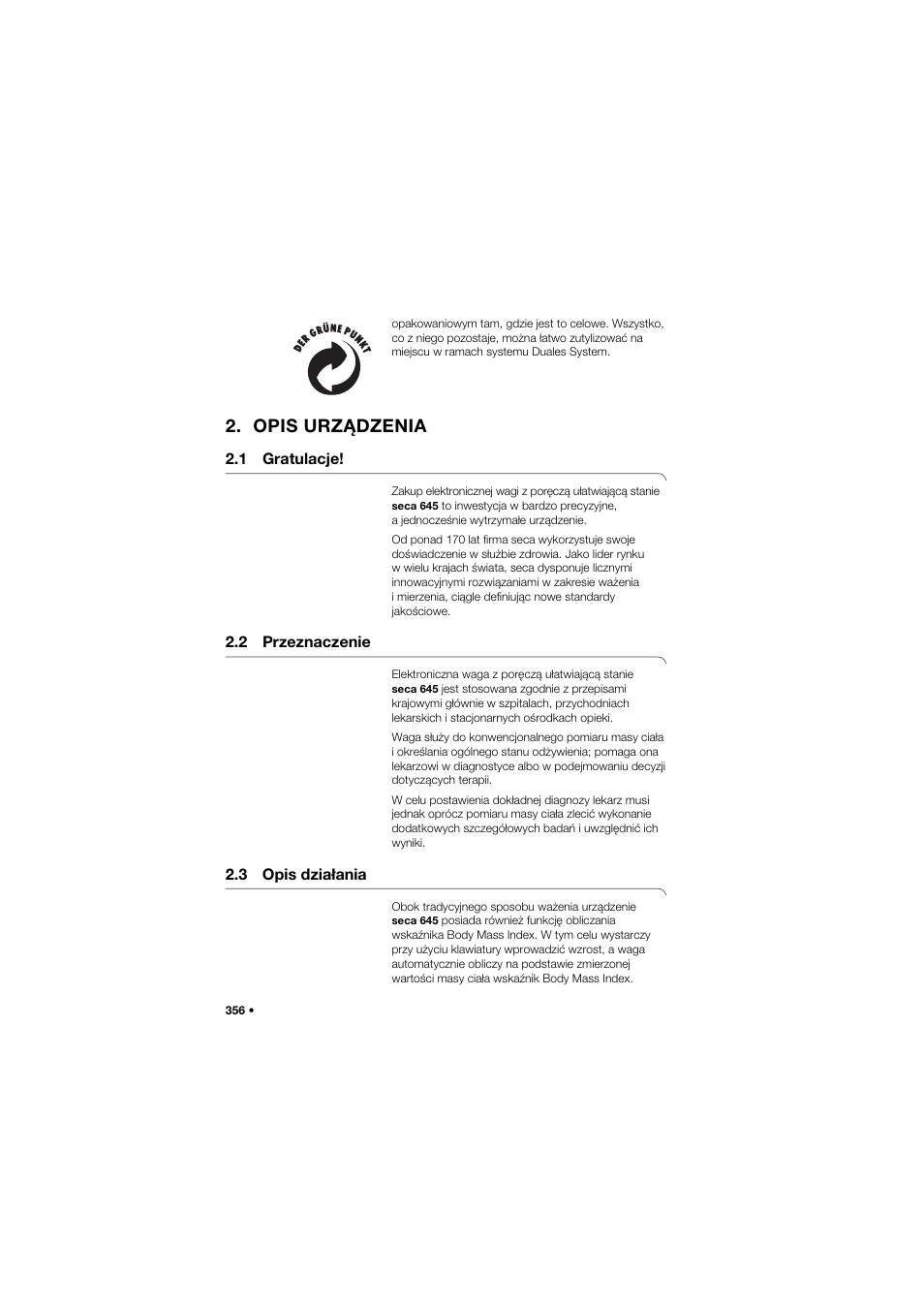Opis urządzenia, 1 gratulacje, 2 przeznaczenie | 3 opis działania | Seca 645 band_1 User Manual | Page 356 / 417