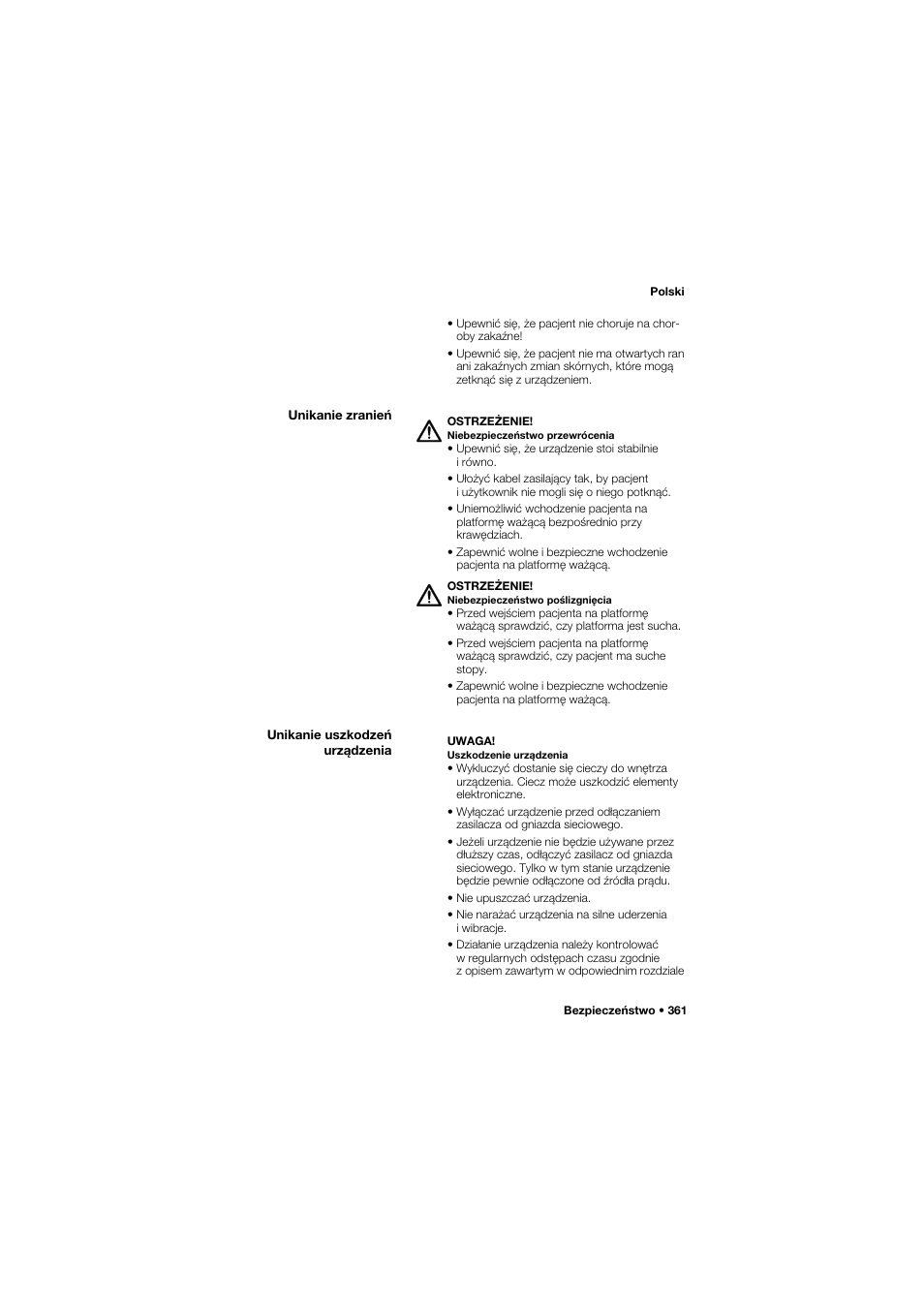 Unikanie zranień, Unikanie uszkodzeń urządzenia | Seca 645 band_1 User Manual | Page 361 / 417