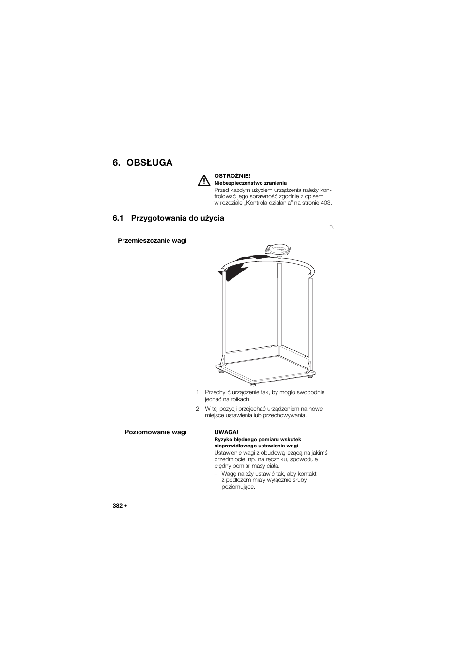 Obsługa, 1 przygotowania do użycia, Przemieszczanie wagi | Poziomowanie wagi | Seca 645 band_1 User Manual | Page 382 / 417