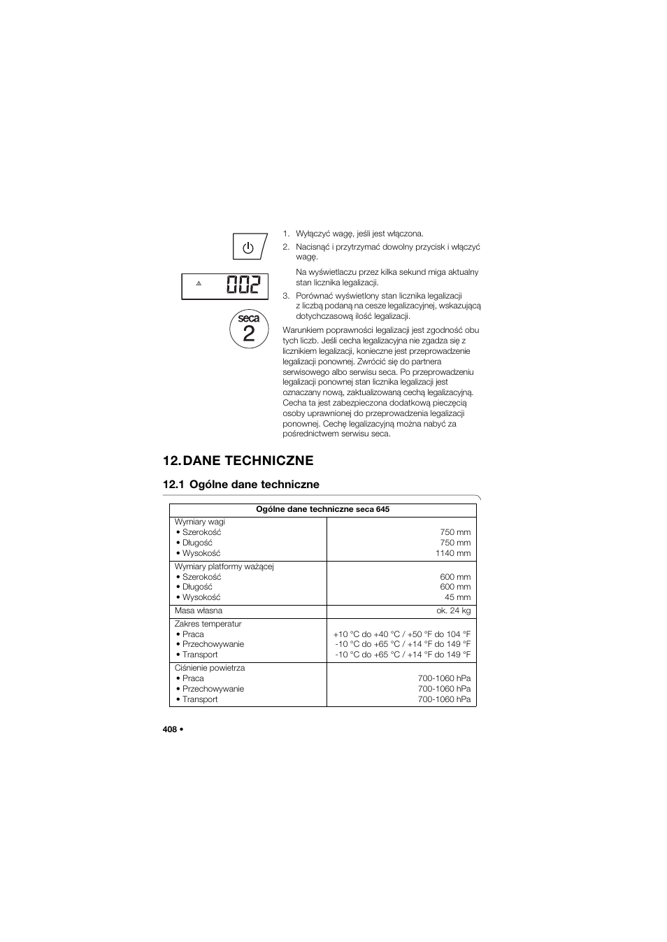 Dane techniczne, 1 ogólne dane techniczne | Seca 645 band_1 User Manual | Page 408 / 417
