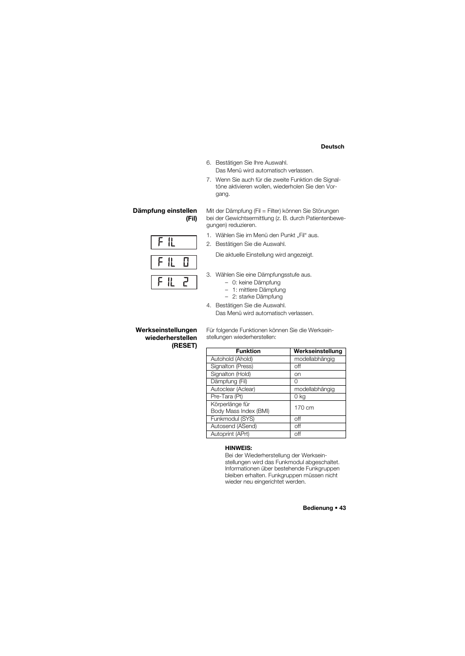 Dämpfung einstellen (fil), Werkseinstellungen wiederherstellen (reset) | Seca 645 band_1 User Manual | Page 43 / 417