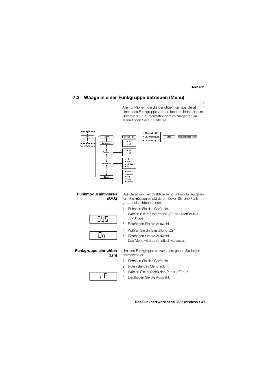 2 waage in einer funkgruppe betreiben (menü), Funkmodul aktivieren (sys), Funkgruppe einrichten (lrn) | 2 waage in einer, Funkgruppe betreiben (menü) | Seca 645 band_1 User Manual | Page 47 / 417