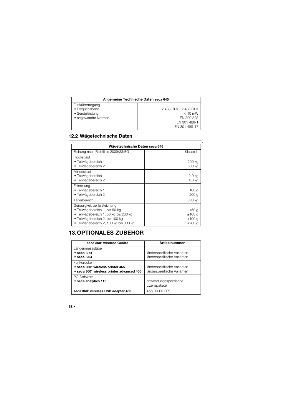 2 wägetechnische daten, Optionales zubehör | Seca 645 band_1 User Manual | Page 58 / 417