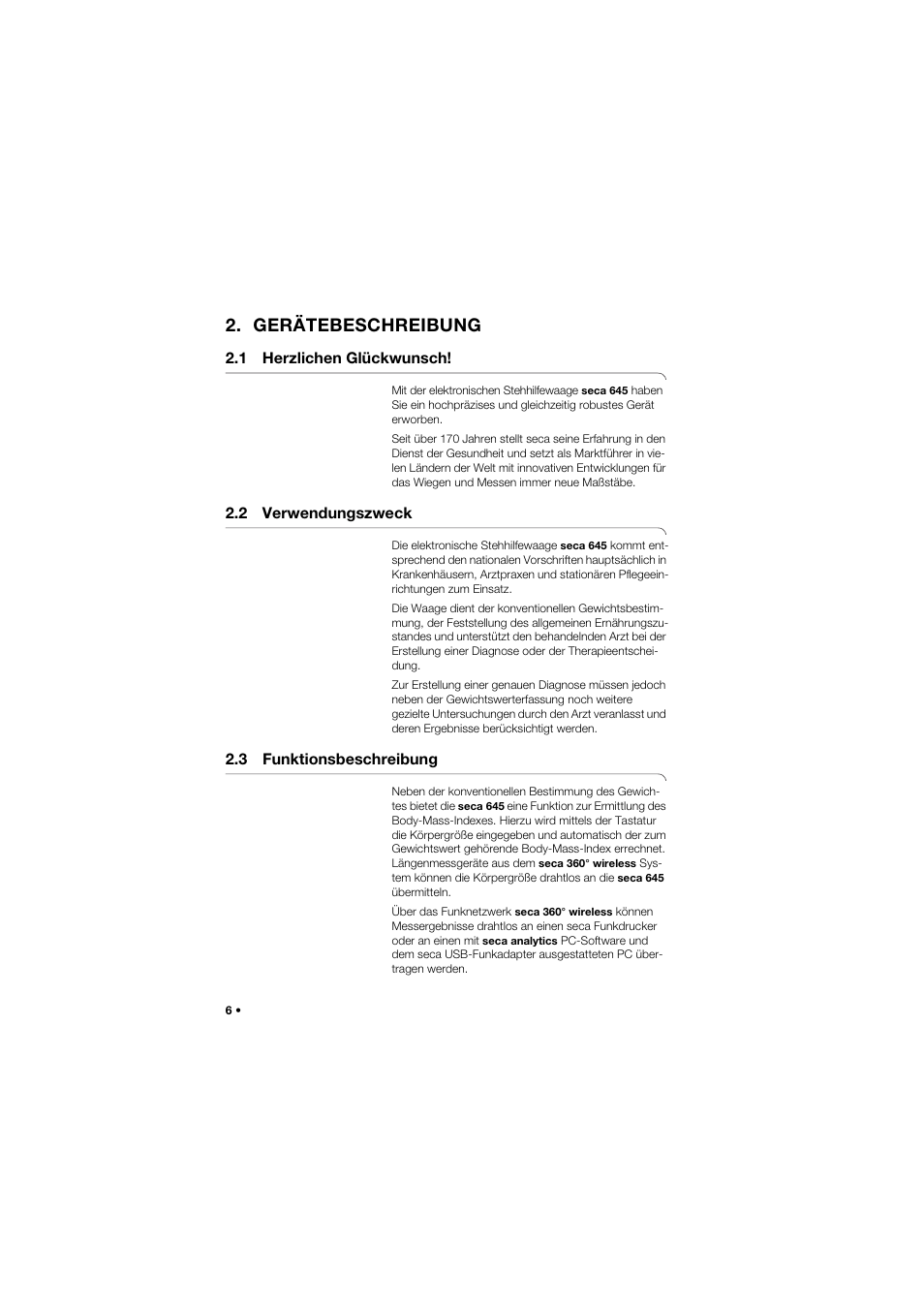 Gerätebeschreibung, 1 herzlichen glückwunsch, 2 verwendungszweck | 3 funktionsbeschreibung | Seca 645 band_1 User Manual | Page 6 / 417