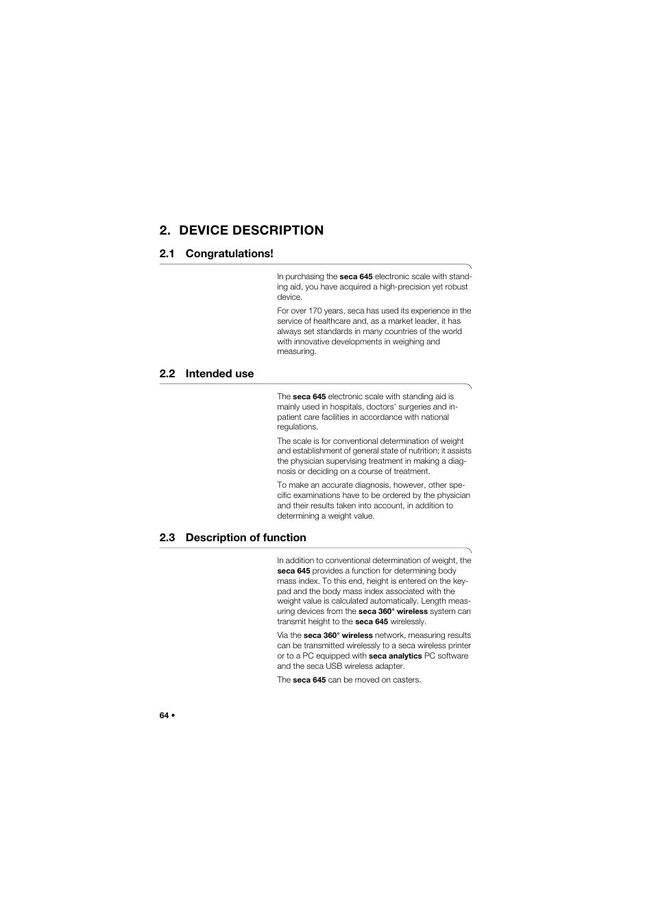 Device description, 1 congratulations, 2 intended use | 3 description of function | Seca 645 band_1 User Manual | Page 64 / 417