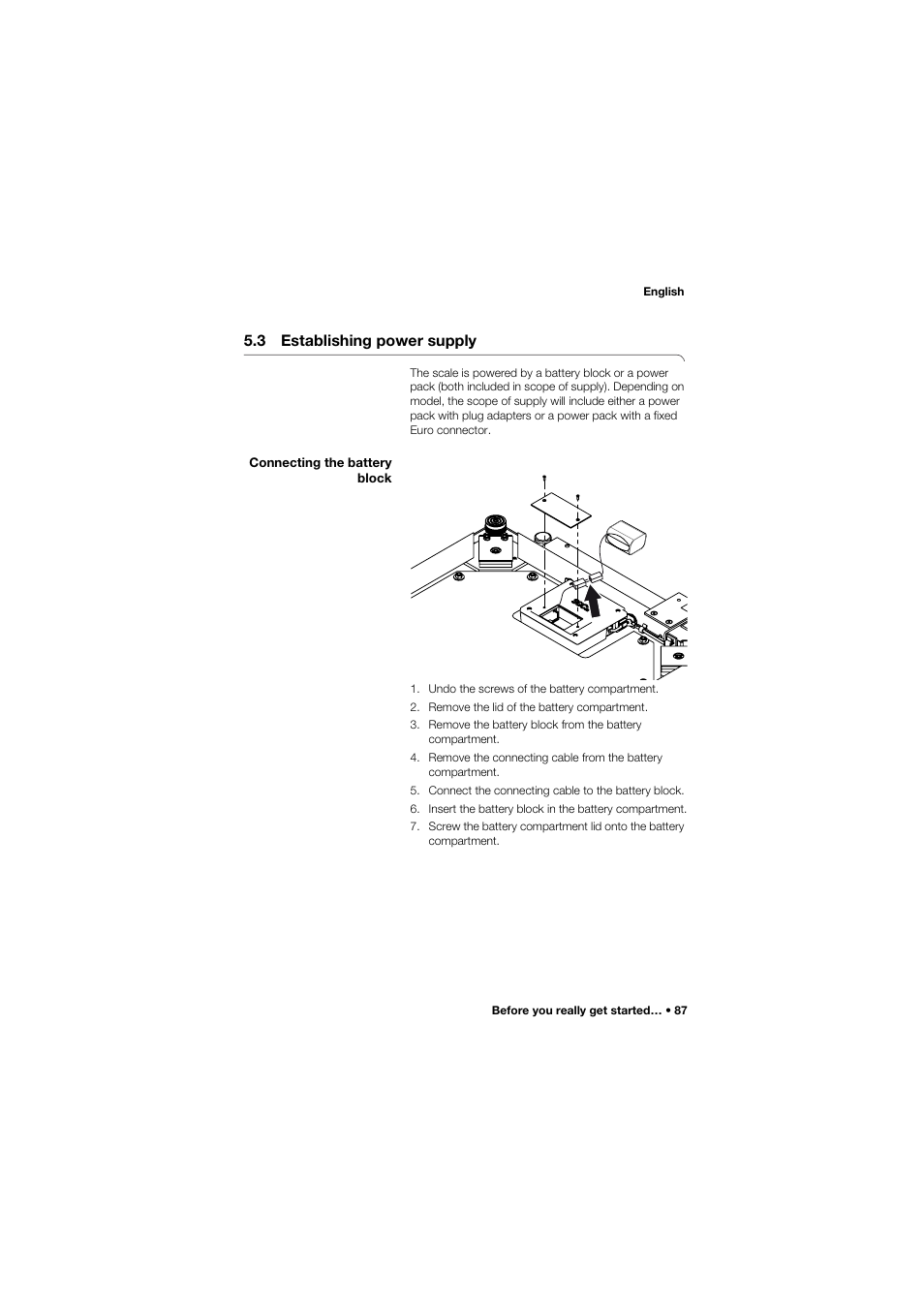3 establishing power supply, Connecting the battery block | Seca 645 band_1 User Manual | Page 87 / 417