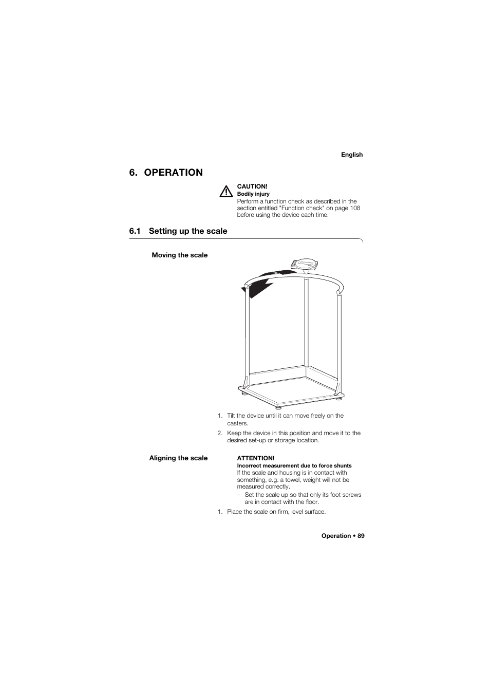Operation, 1 setting up the scale, Moving the scale | Aligning the scale | Seca 645 band_1 User Manual | Page 89 / 417