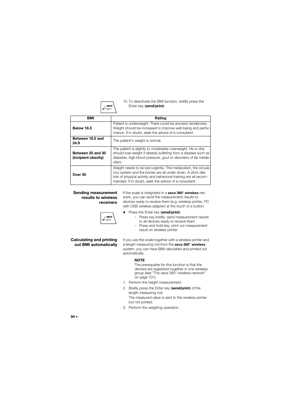 Sending measurement results to wireless receivers, Calculating and printing out bmi automatically | Seca 645 band_1 User Manual | Page 94 / 417