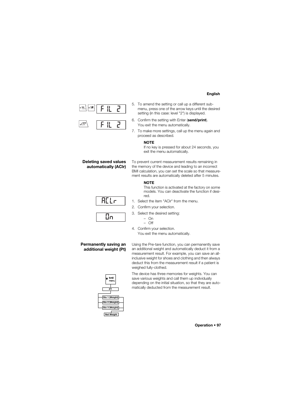 Deleting saved values automatically (aclr), Permanently saving an additional weight (pt) | Seca 645 band_1 User Manual | Page 97 / 417