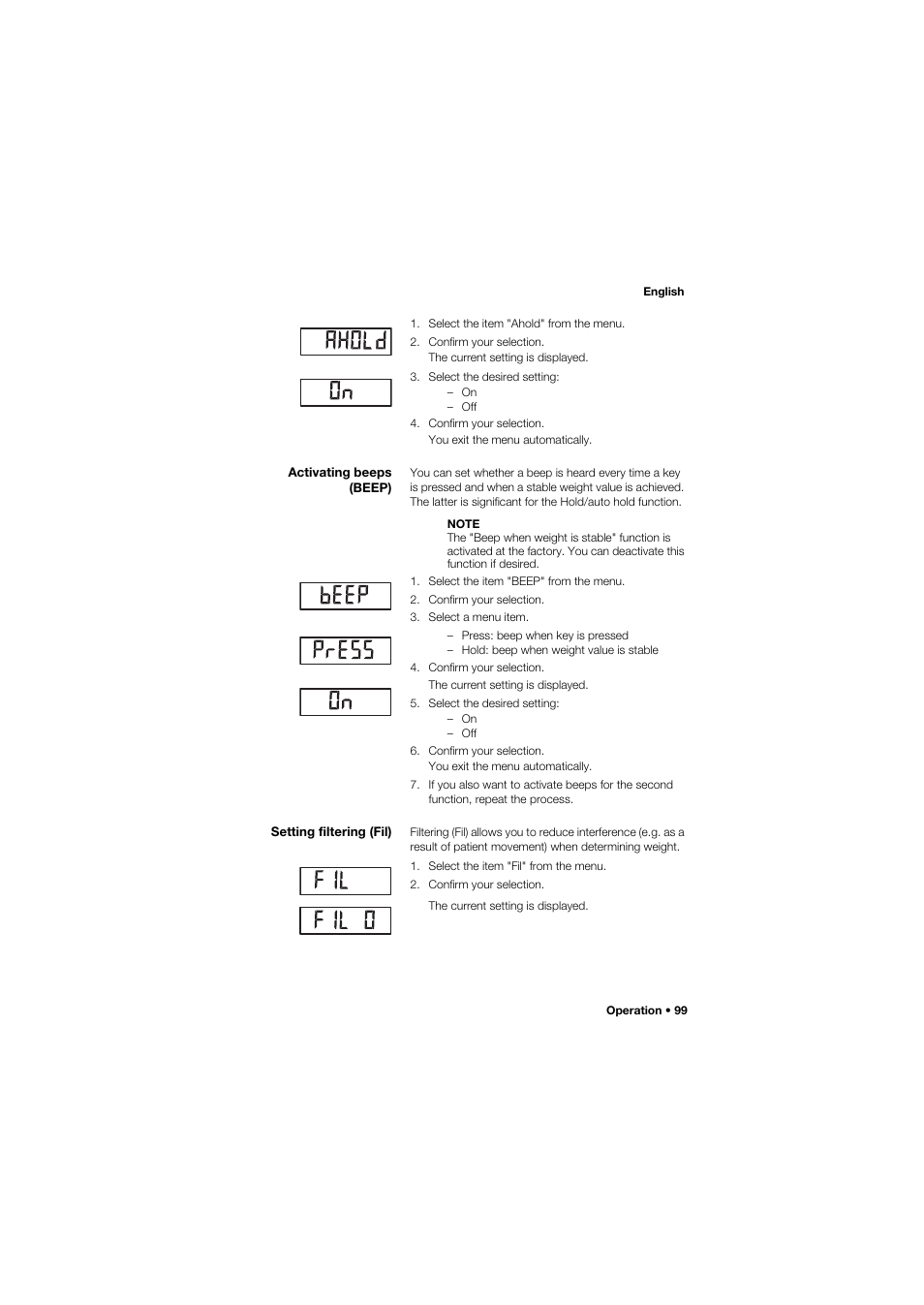 Activating beeps (beep), Setting filtering (fil) | Seca 645 band_1 User Manual | Page 99 / 417