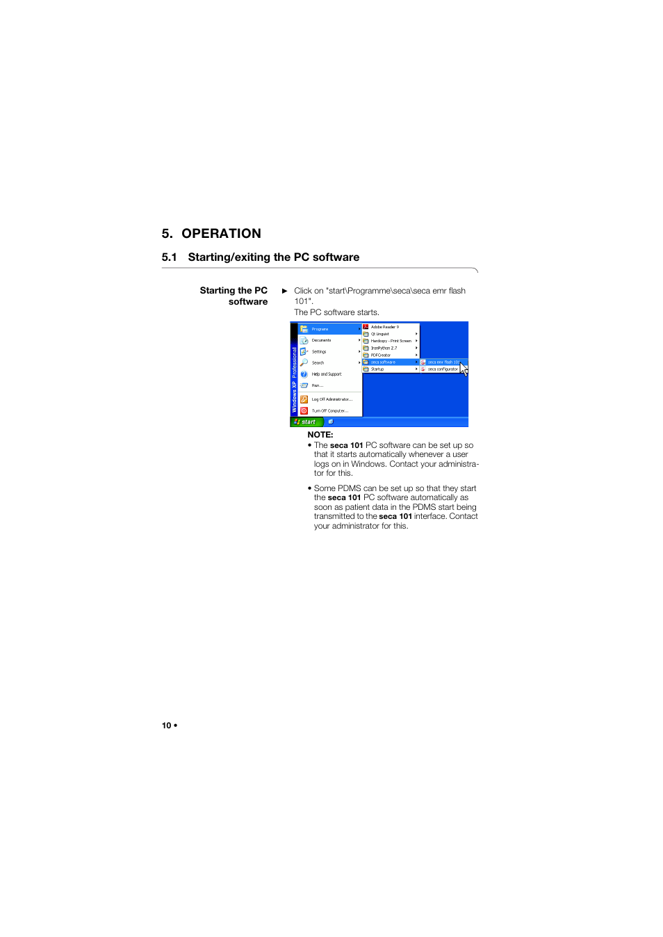 Operation, 1 starting/exiting the pc software, Starting the pc software | 1 starting/exiting the pc, Software | Seca 101 User Manual | Page 10 / 28