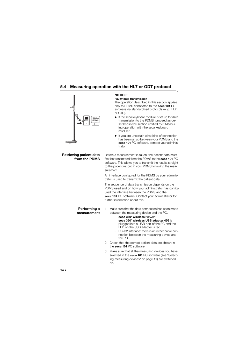 4 measuring operation with the hl7 or gdt protocol, Retrieving patient data from the pdms, Performing a measurement | 4 measuring operation with the, Hl7 or gdt protocol, Retrieving patient data from, The pdms, Measuring operation with the hl7 or gdt | Seca 101 User Manual | Page 14 / 28