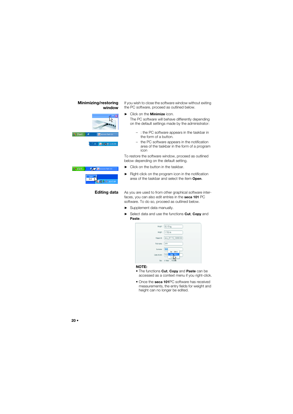 Minimizing/restoring window, Editing data, Minimizing/restoring window editing data | Seca 101 User Manual | Page 20 / 28