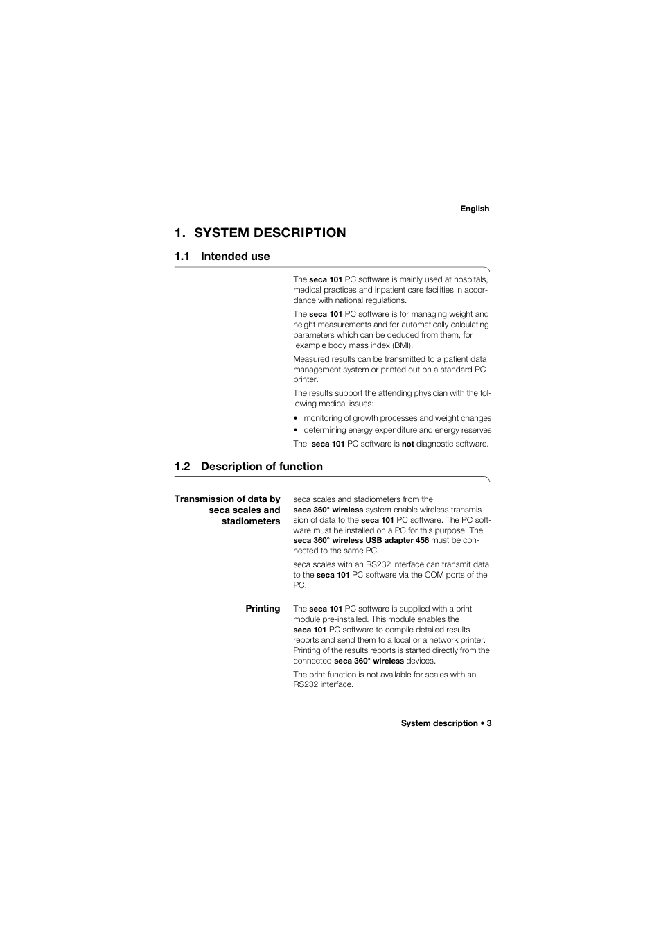 English, System description, 1 intended use | 2 description of function, Printing, 1 intended use 1.2 description of function, Transmission of data by seca, Scales and stadiometers | Seca 101 User Manual | Page 3 / 28
