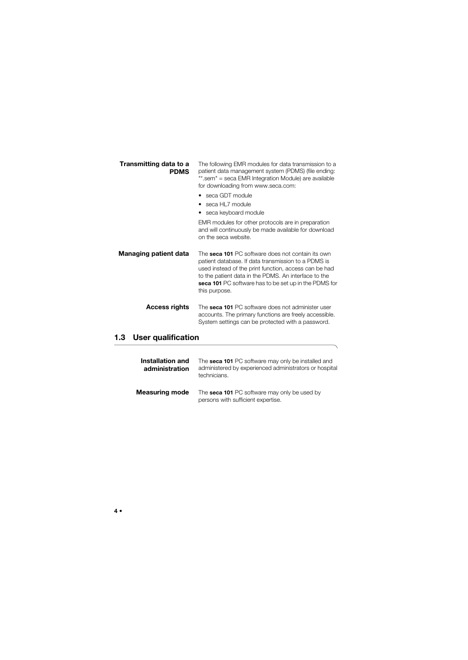 Transmitting data to a pdms, Managing patient data, Access rights | 3 user qualification, Installation and administration, Measuring mode, Installation and administration measuring mode | Seca 101 User Manual | Page 4 / 28