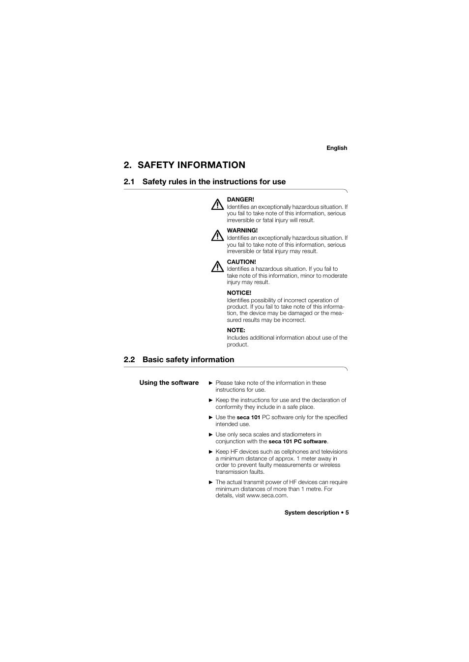Safety information, 1 safety rules in the instructions for use, 2 basic safety information | Using the software, 1 safety rules in the instructions, For use | Seca 101 User Manual | Page 5 / 28