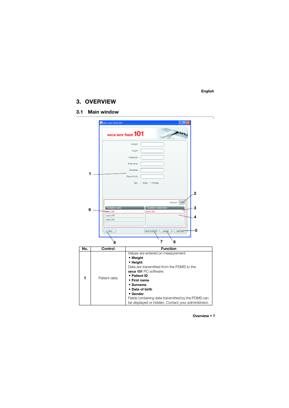 Overview, 1 main window | Seca 101 User Manual | Page 7 / 28