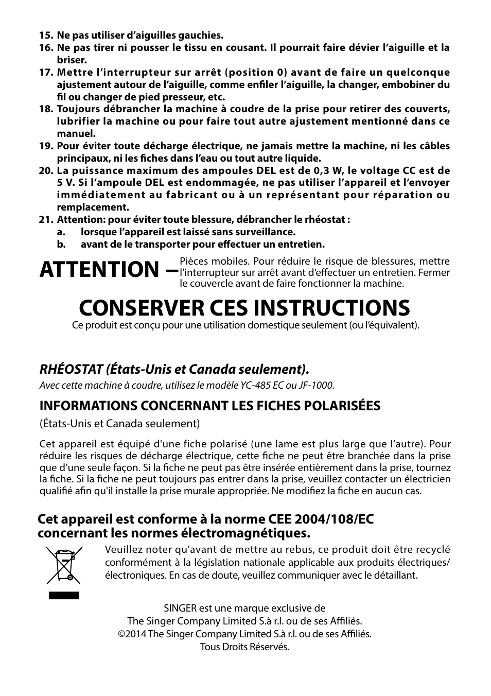 Attention, Conserver ces instructions, Rhéostat (états-unis et canada seulement) | SINGER 6680 User Manual | Page 5 / 76