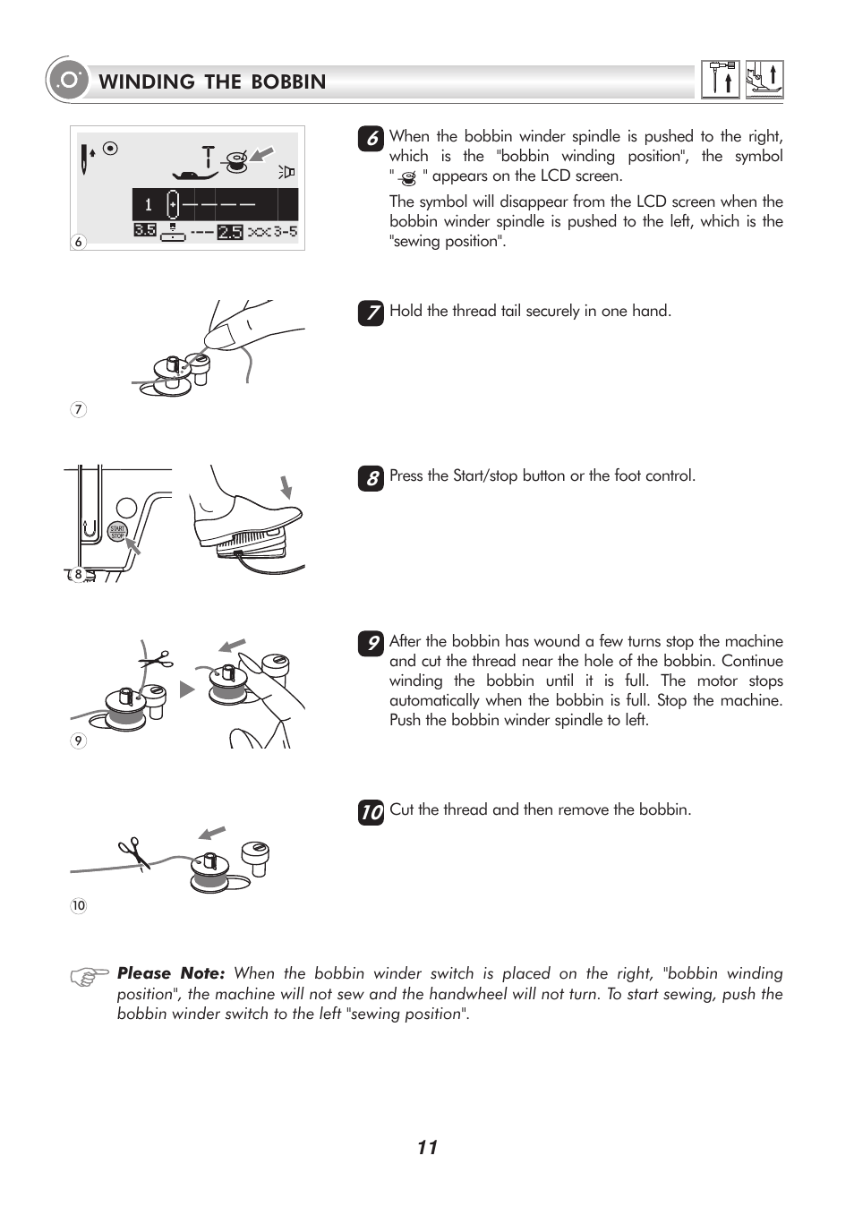 11 winding the bobbin | SINGER H74 User Manual | Page 16 / 86