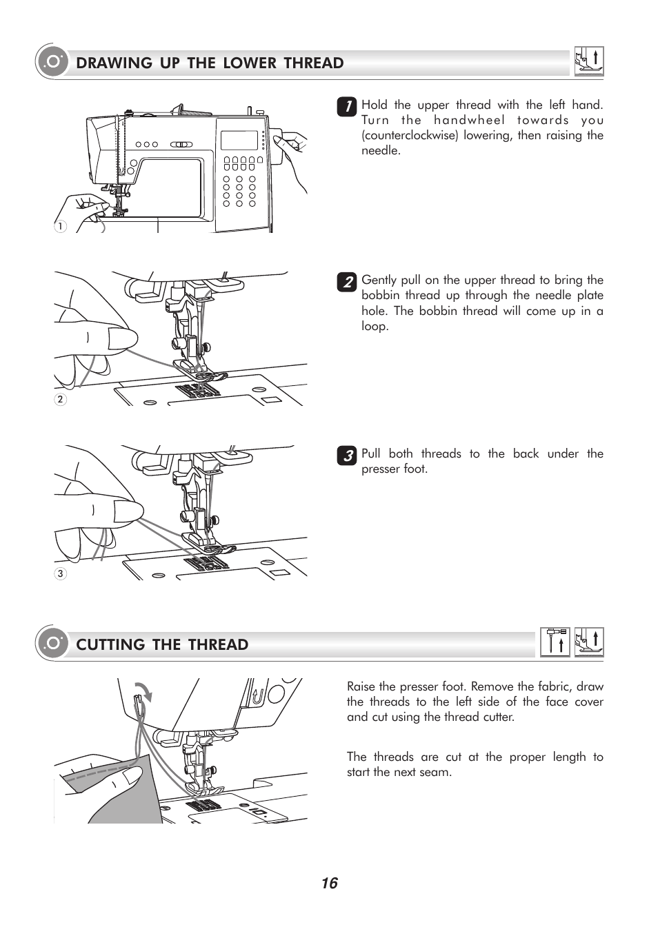 16 cutting the thread, 12 3 drawing up the lower thread | SINGER H74 User Manual | Page 21 / 86