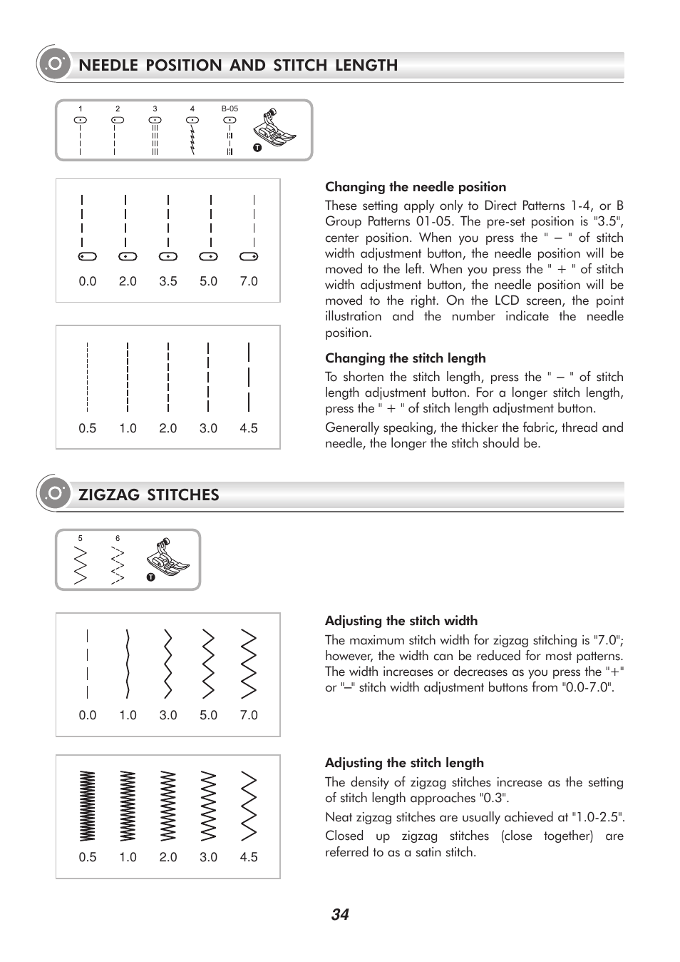 Zigzag stitches needle position and stitch length | SINGER H74 User Manual | Page 39 / 86
