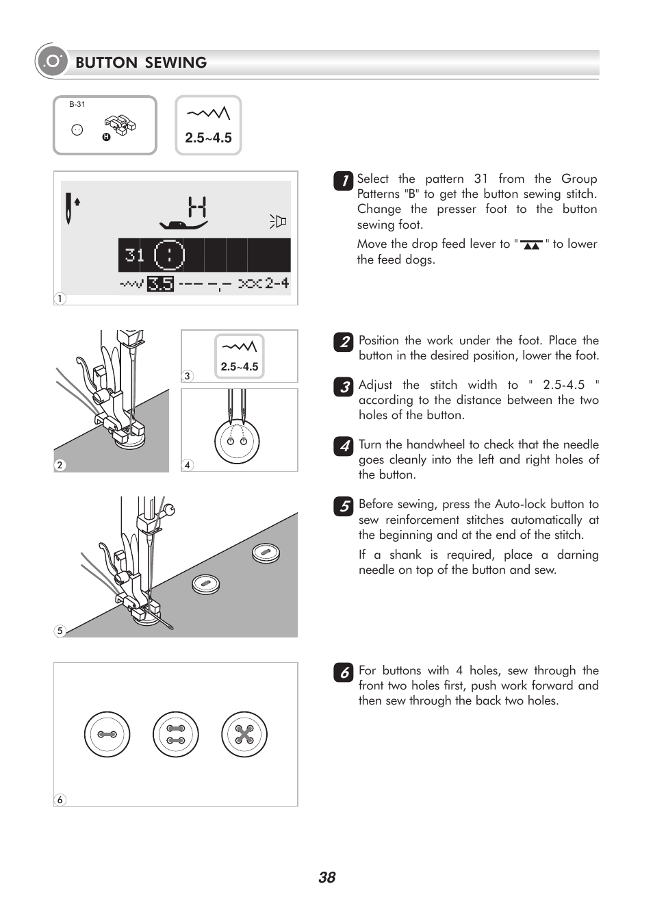 38 button sewing | SINGER H74 User Manual | Page 43 / 86