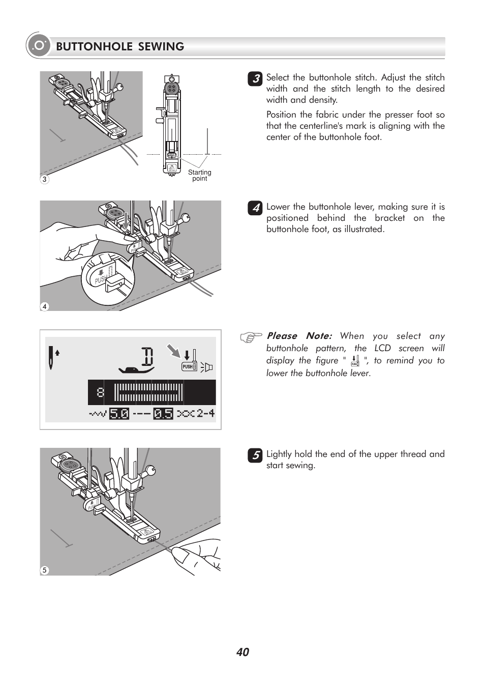 Buttonhole sewing 4 3 5 | SINGER H74 User Manual | Page 45 / 86