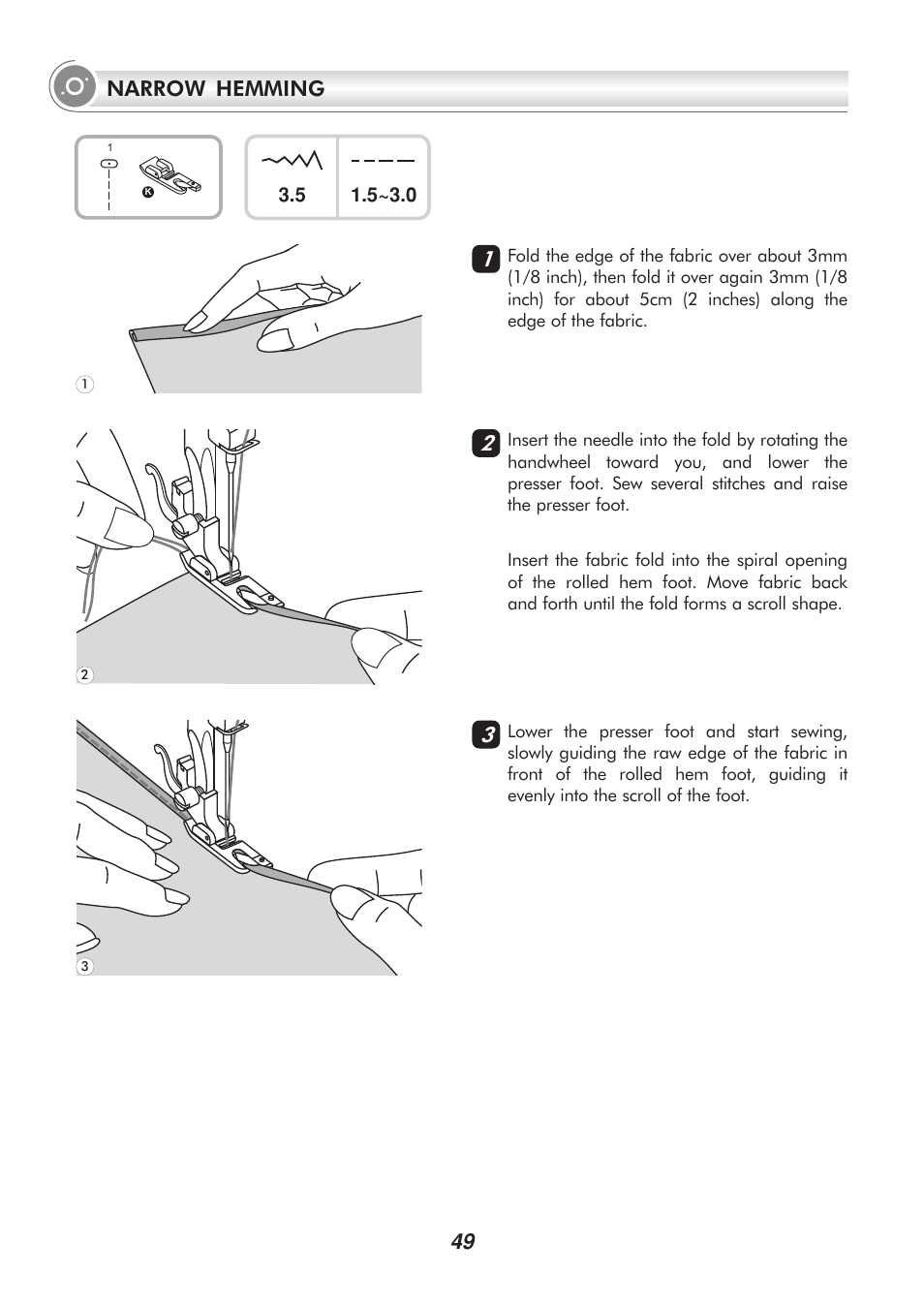 49 narrow hemming | SINGER H74 User Manual | Page 54 / 86