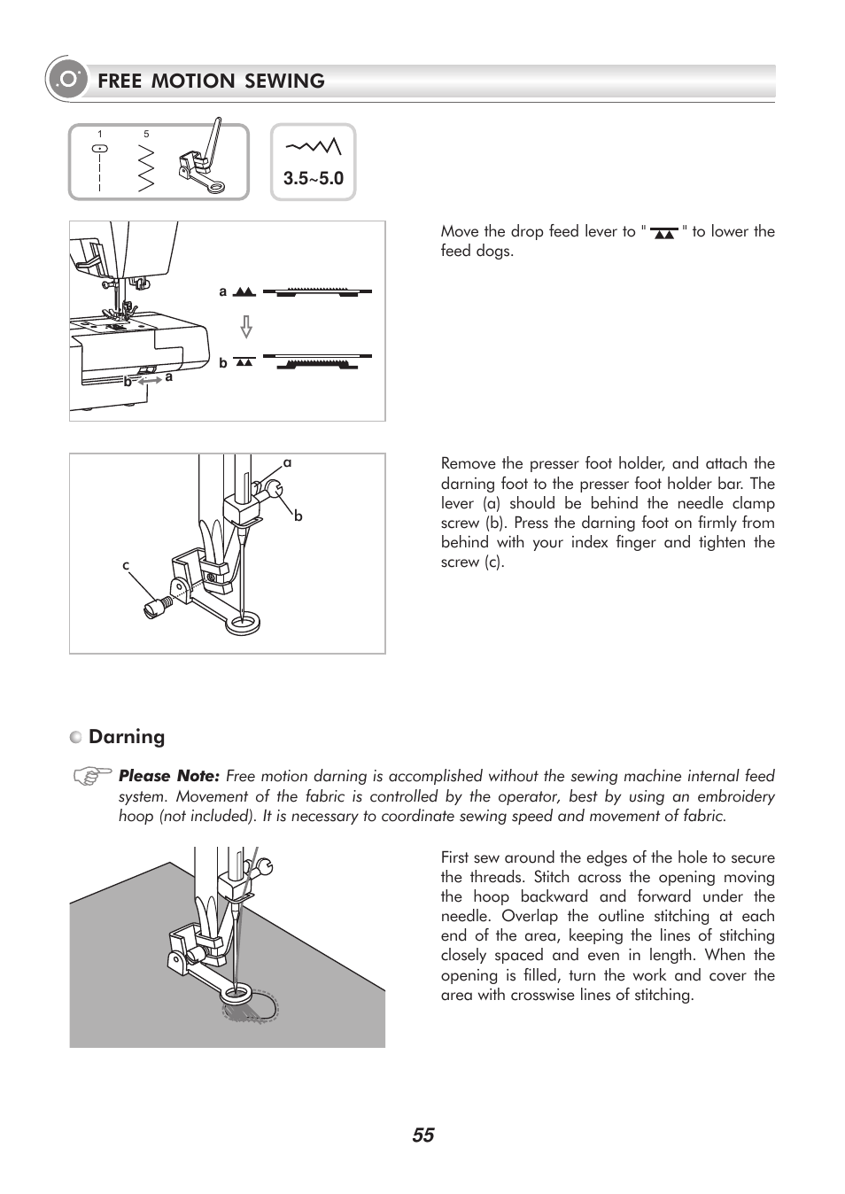 Darning, Free motion sewing | SINGER H74 User Manual | Page 60 / 86