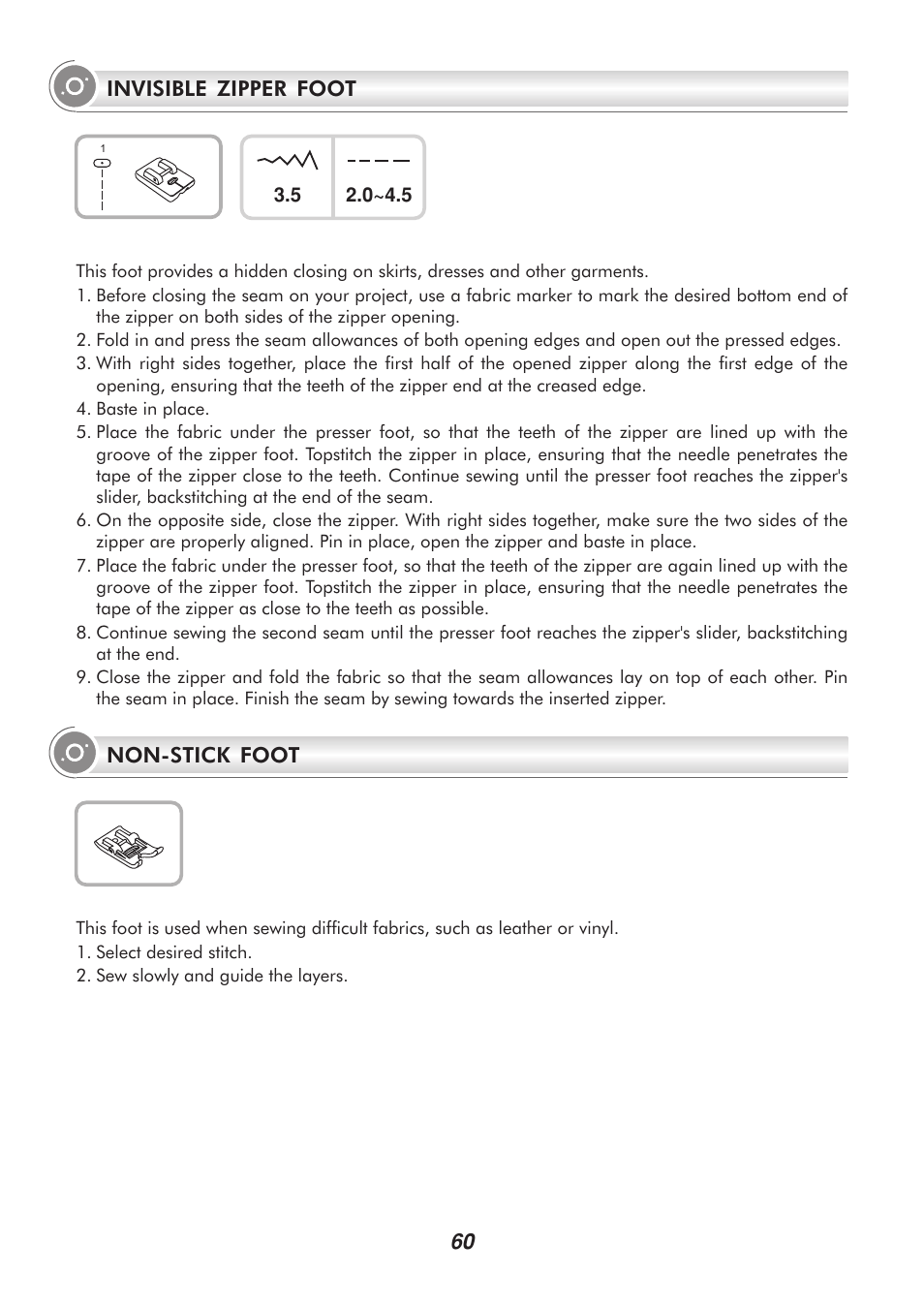 Invisible zipper foot, Non-stick foot | SINGER H74 User Manual | Page 65 / 86