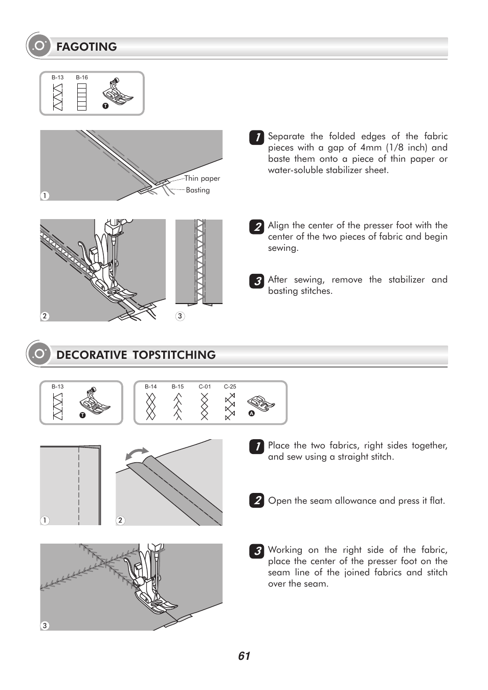 Decorative topstitching, 61 fagoting | SINGER H74 User Manual | Page 66 / 86