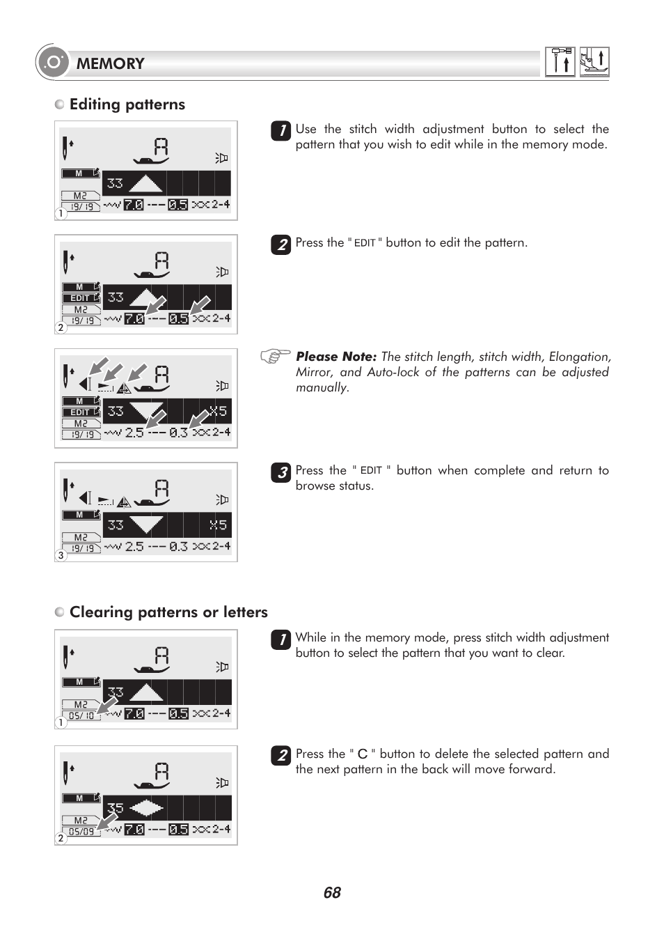 Clearing patterns or letters 2 1 1 | SINGER H74 User Manual | Page 73 / 86