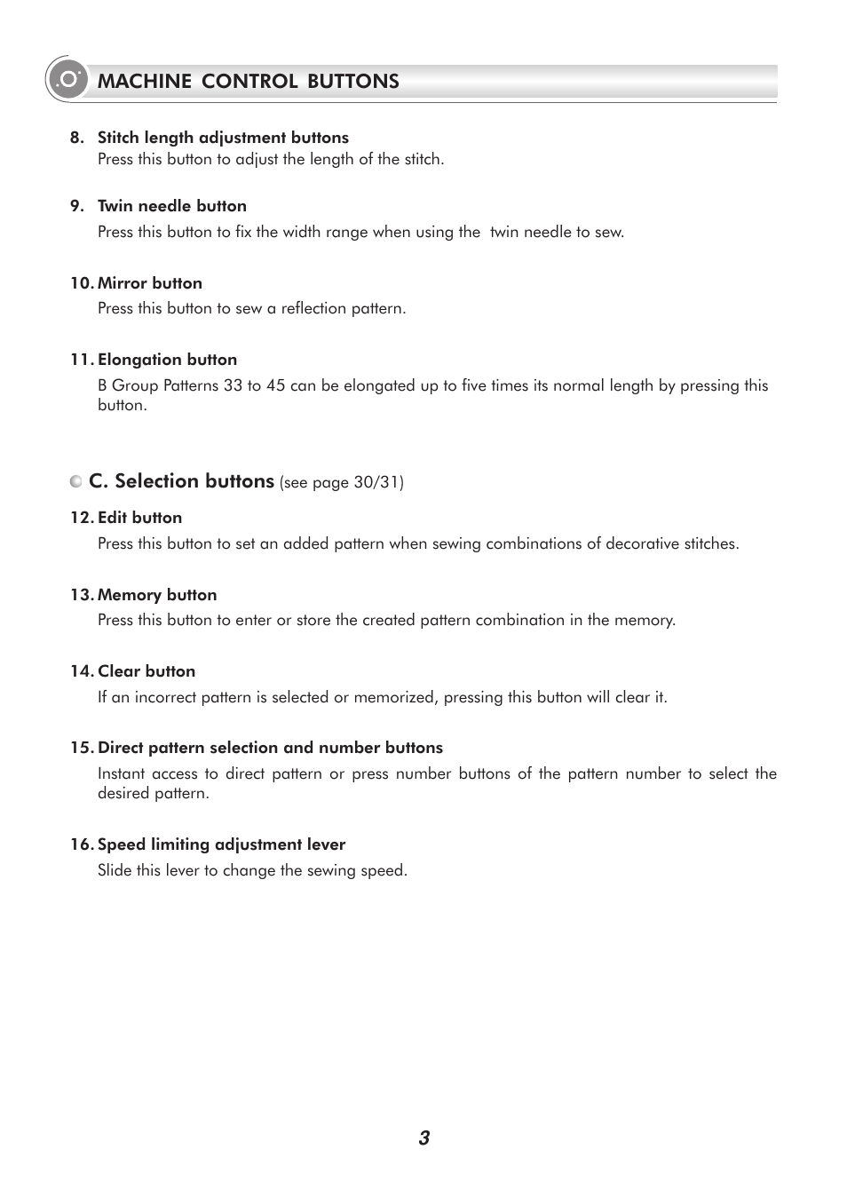 C. selection buttons, 3machine control buttons | SINGER H74 User Manual | Page 8 / 86