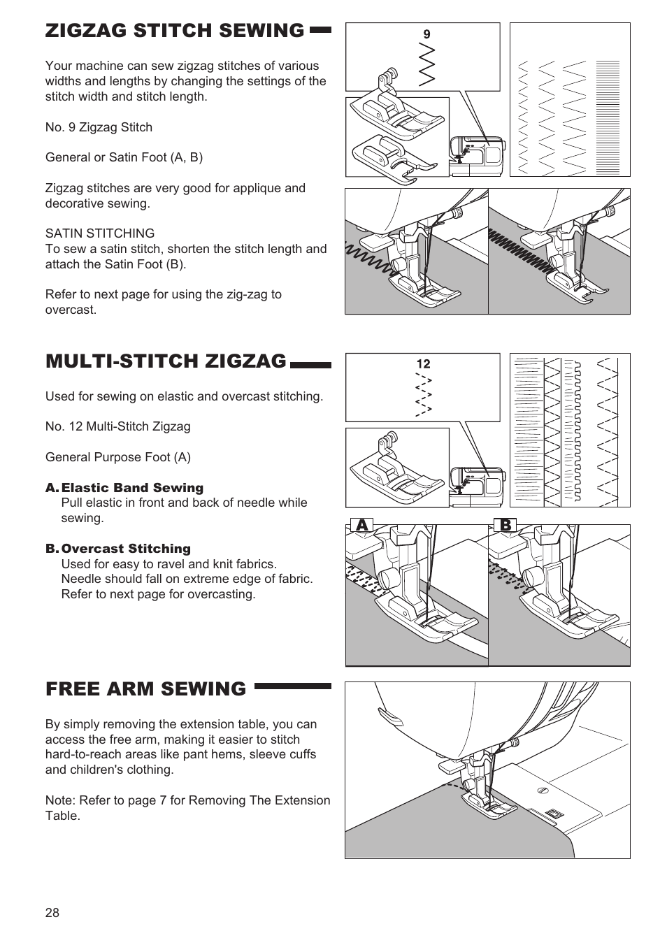 Zigzag stitch sewing, Free arm sewing, Multi-stitch zigzag | SINGER 9970 User Manual | Page 28 / 60