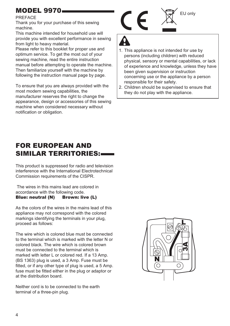 Model 9970, For european and similar territories | SINGER 9970 User Manual | Page 4 / 60