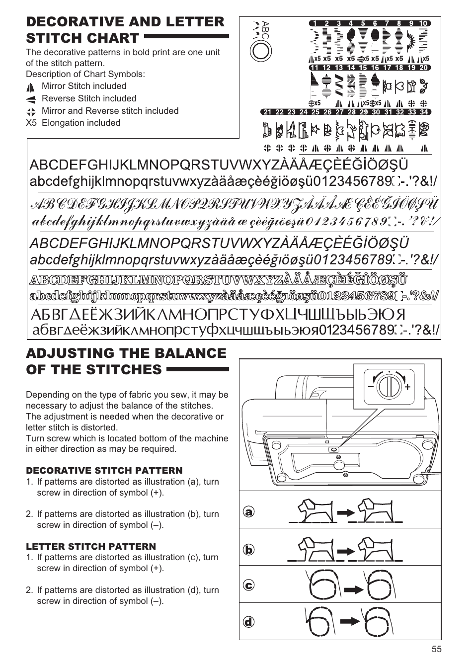 Decorative and letter stitch chart, Adjusting the balance of the stitches | SINGER 9970 User Manual | Page 55 / 60