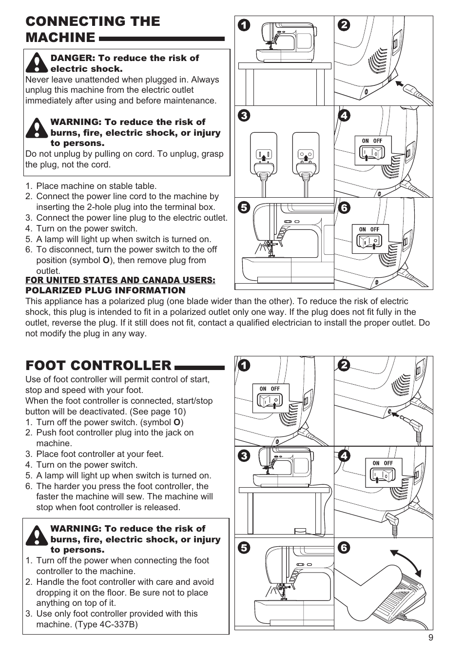 Connecting the machine, Foot controller | SINGER 9970 User Manual | Page 9 / 60
