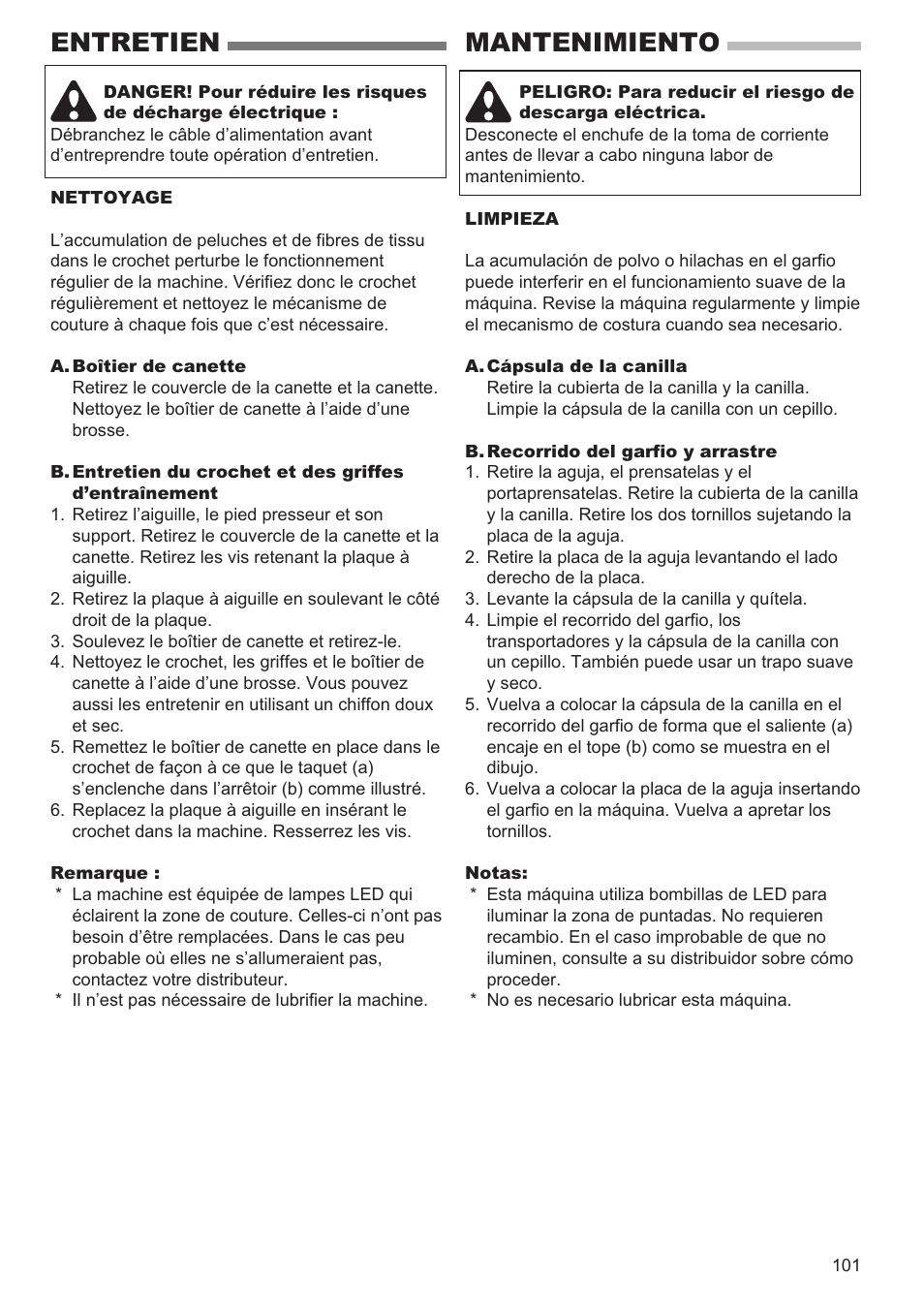 Entretien mantenimiento | SINGER 9960 QUANTUM STYLIST User Manual | Page 101 / 108