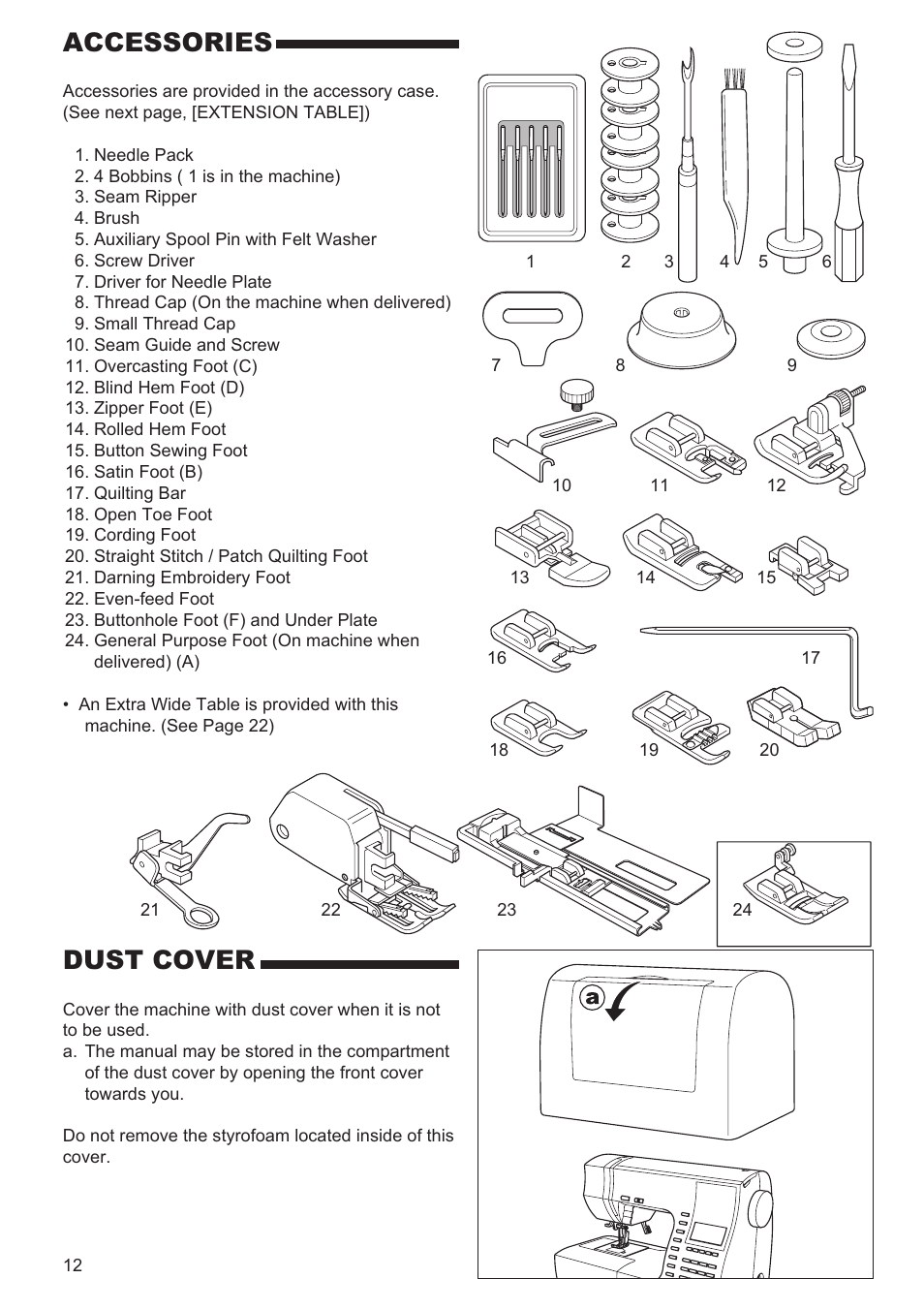 Accessories, Dust cover | SINGER 9960 QUANTUM STYLIST User Manual | Page 12 / 108