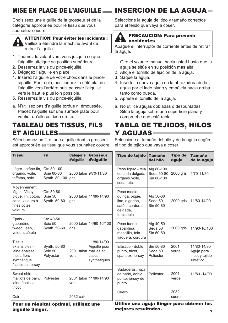 Mise en place de l’aiguille, Insercion de la aguja, Tabla de tejidos, hilos y agujas | Tableau des tissus, fils et aiguilles | SINGER 9960 QUANTUM STYLIST User Manual | Page 17 / 108