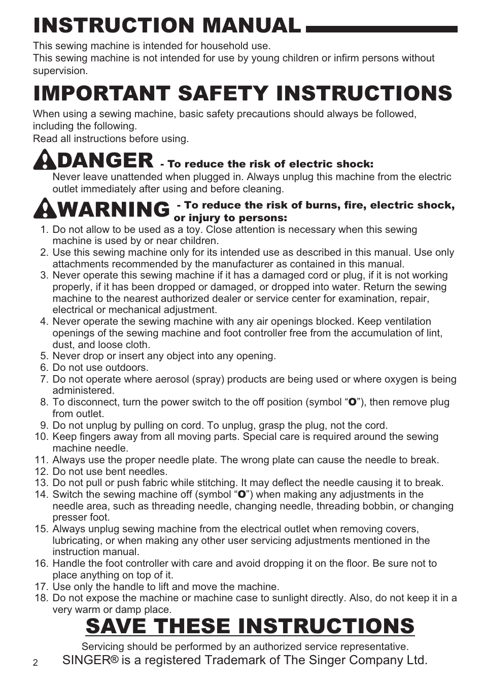 Instruction manual, Important safety instructions, Danger | Warning, Save these instructions | SINGER 9960 QUANTUM STYLIST User Manual | Page 2 / 108